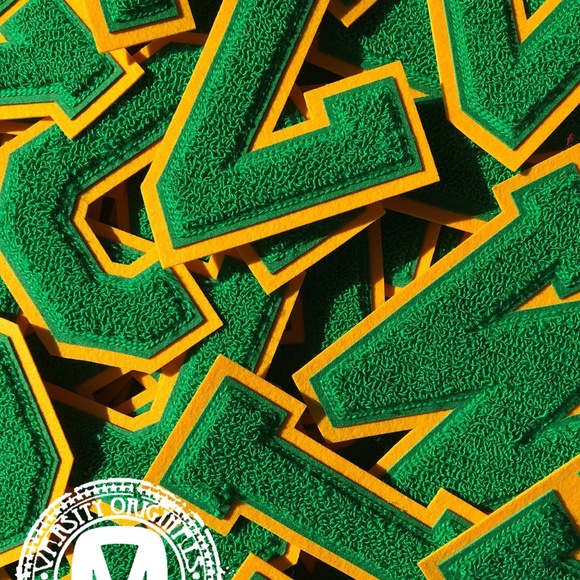 Kelly Green/Gold 6” Chenille Varsity Letter Patches / A-Z Available MADE IN USA - Picture 1 of 4